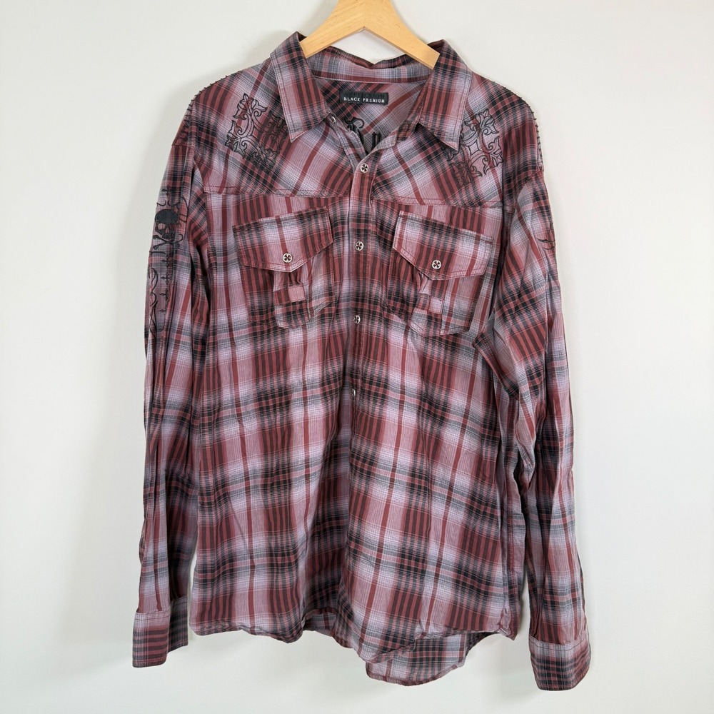 Affliction Black Premium Men's Plaid Skull Goth Gothic Dark‎ Button Up Shirt Top